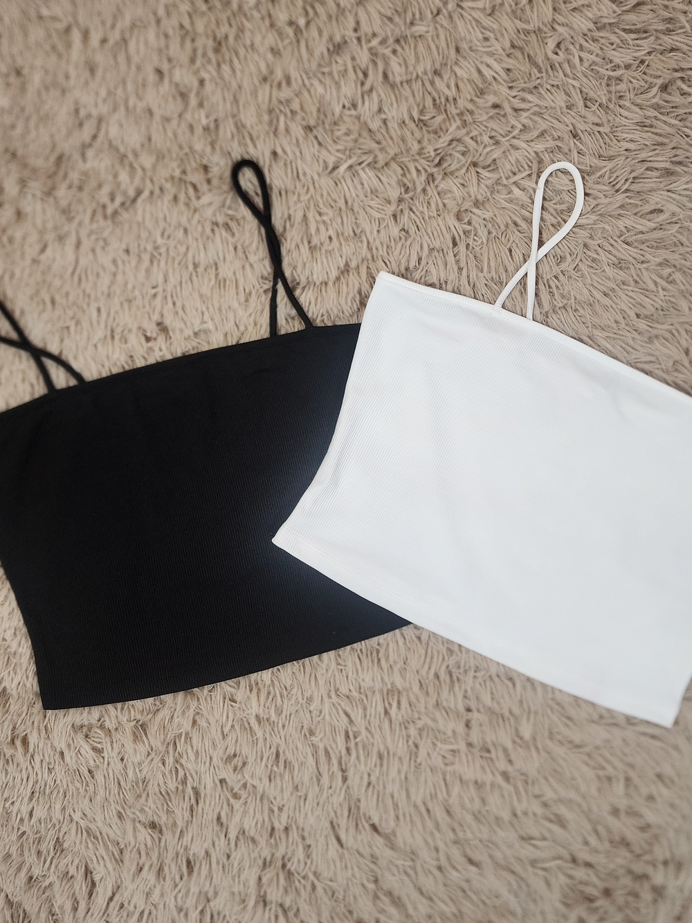 Spaghetti Strap Ribbed Crop Tops- Black + White, Large